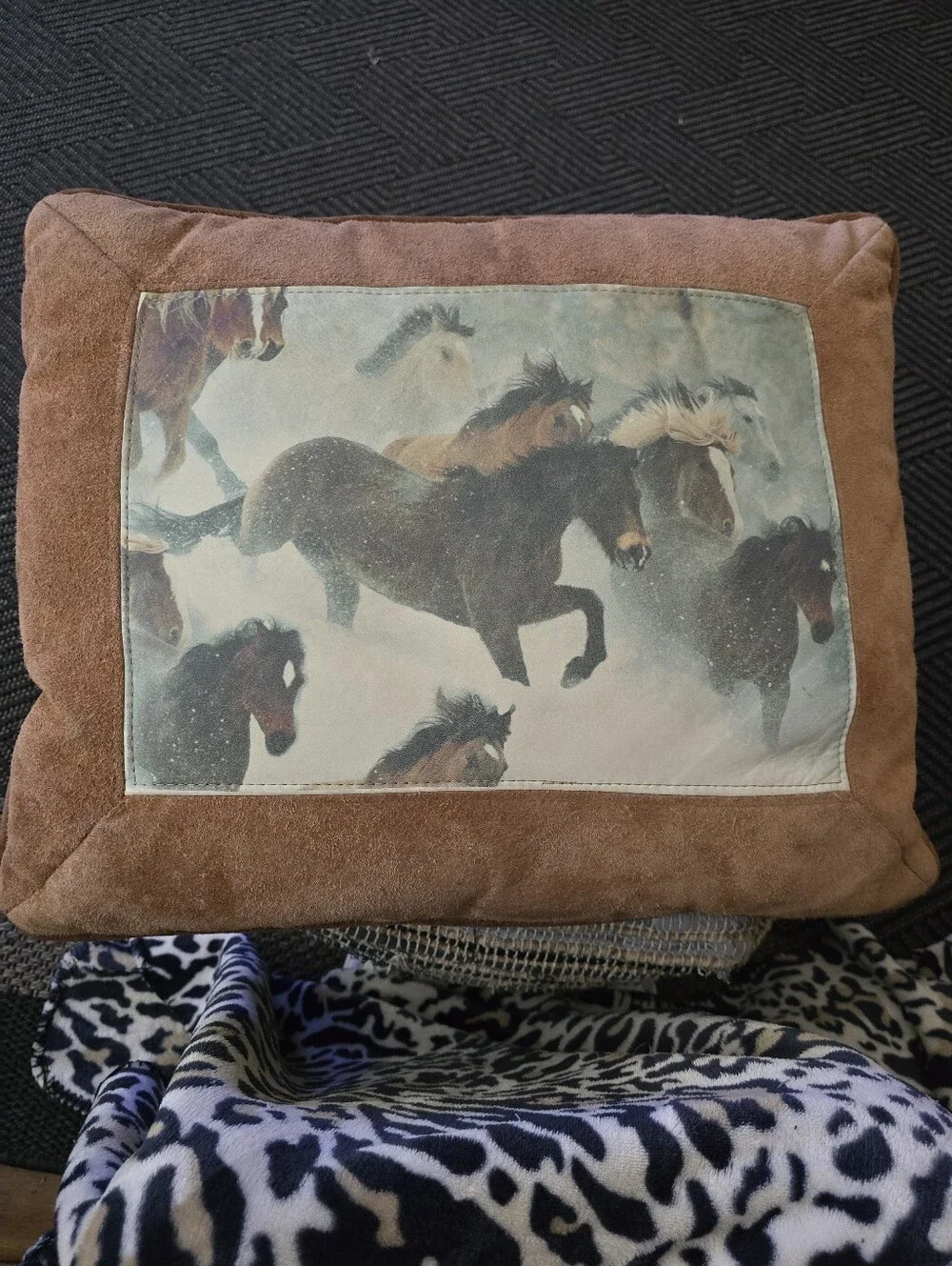 Rust Brown Horse Running On Snow Print Decorative Pillow Suede Material 22' X 18